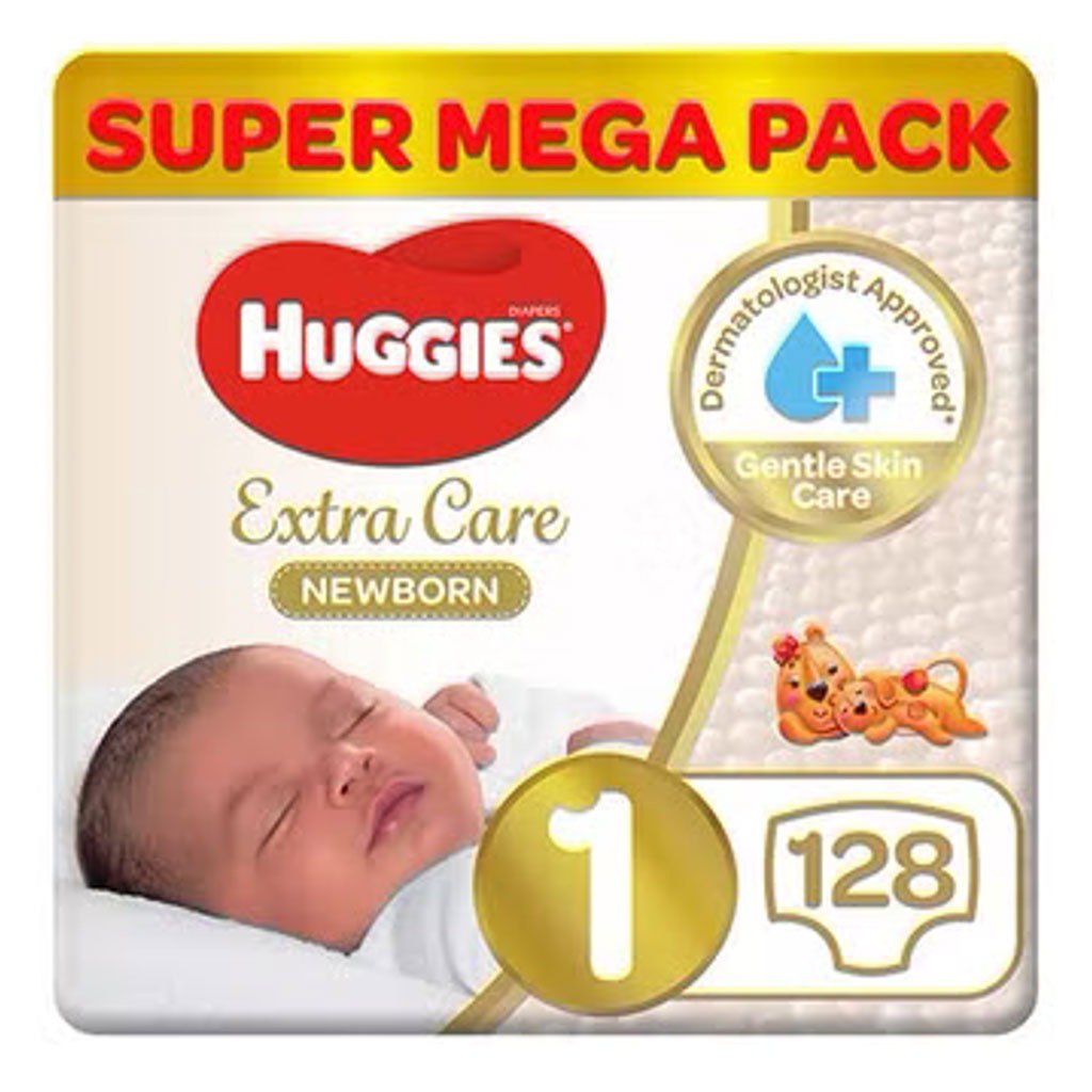 Huggies Extra Care Newborn Diapers, Size 1, 1-5Kg, Jumbo Pack of 2 x 64's - Easy Pharmacy LLC
