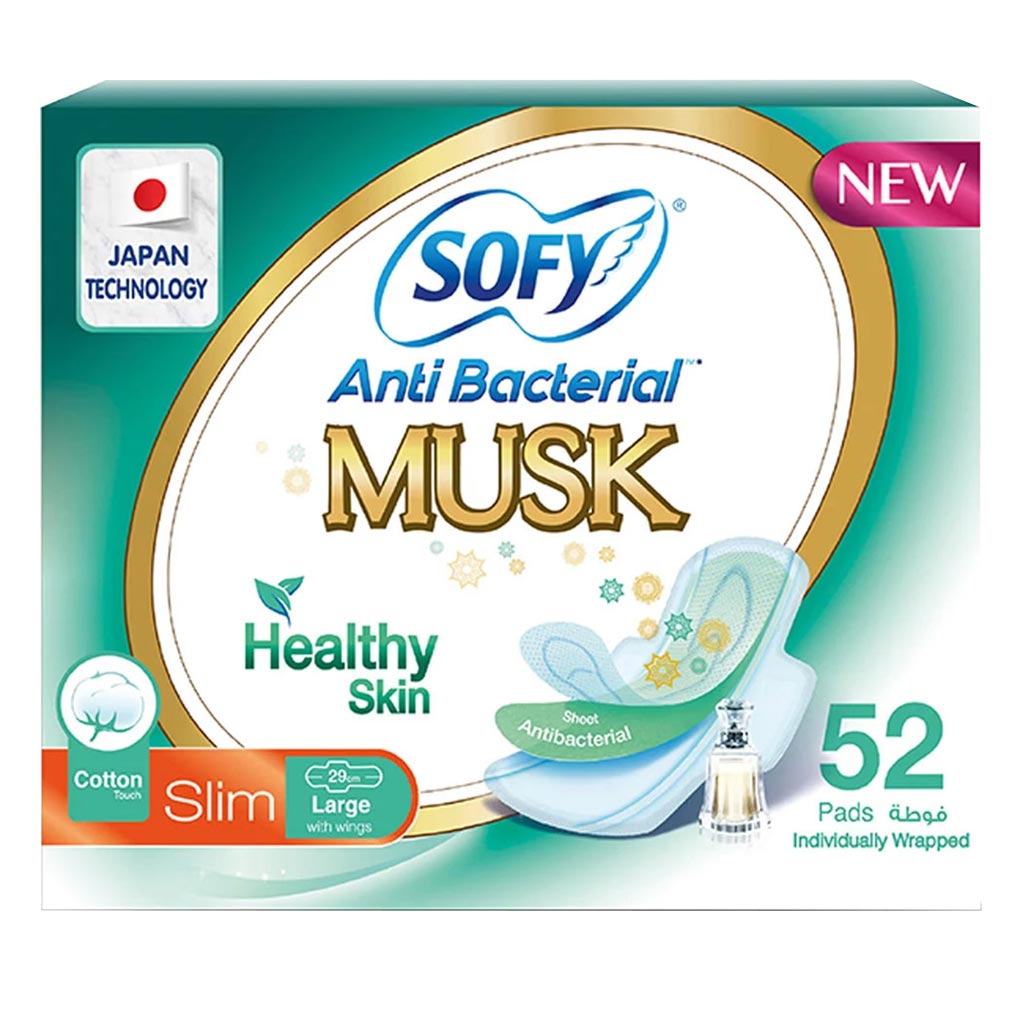 Sofy Anti-Bacterial Musk Healthy Skin Slim Sanitary Pad Large, Pack of 52 - Easy Pharmacy LLC