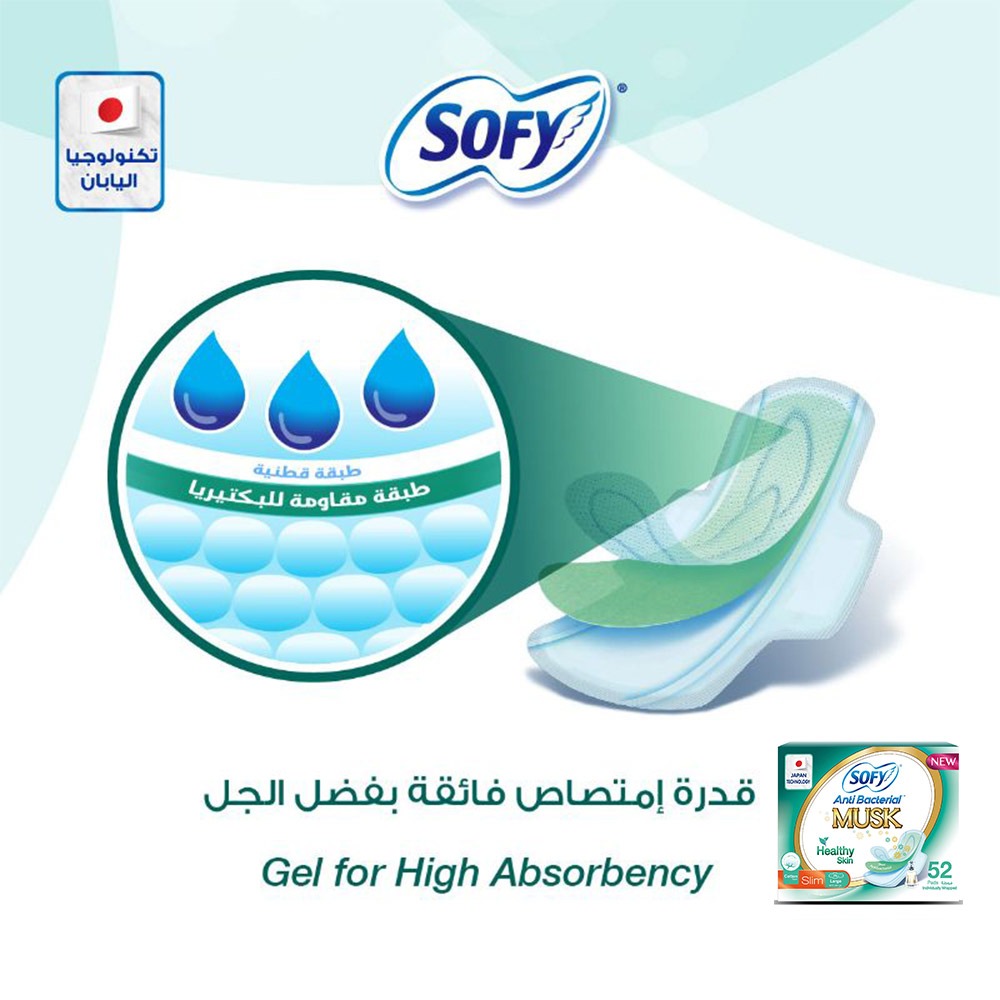 Sofy Anti-Bacterial Musk Healthy Skin Slim Sanitary Pad Large, Pack of 52 - Easy Pharmacy LLC