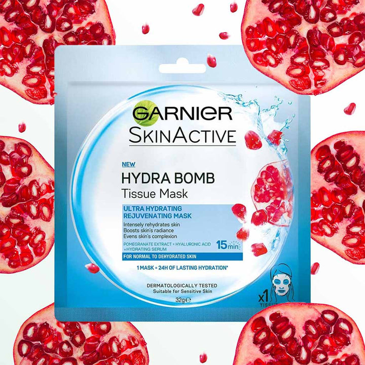 Garnier SkinActive Hydra Bomb Ultra Hydrating and Rejuvenating Facial Tissue Mask with Pomegranate Extract For Normal To Dehydrated Skin, 32g 1's - Easy Pharmacy LLC