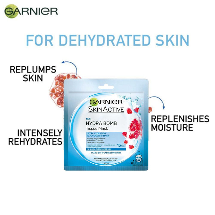 Garnier SkinActive Hydra Bomb Ultra Hydrating and Rejuvenating Facial Tissue Mask with Pomegranate Extract For Normal To Dehydrated Skin, 32g 1's - Easy Pharmacy LLC