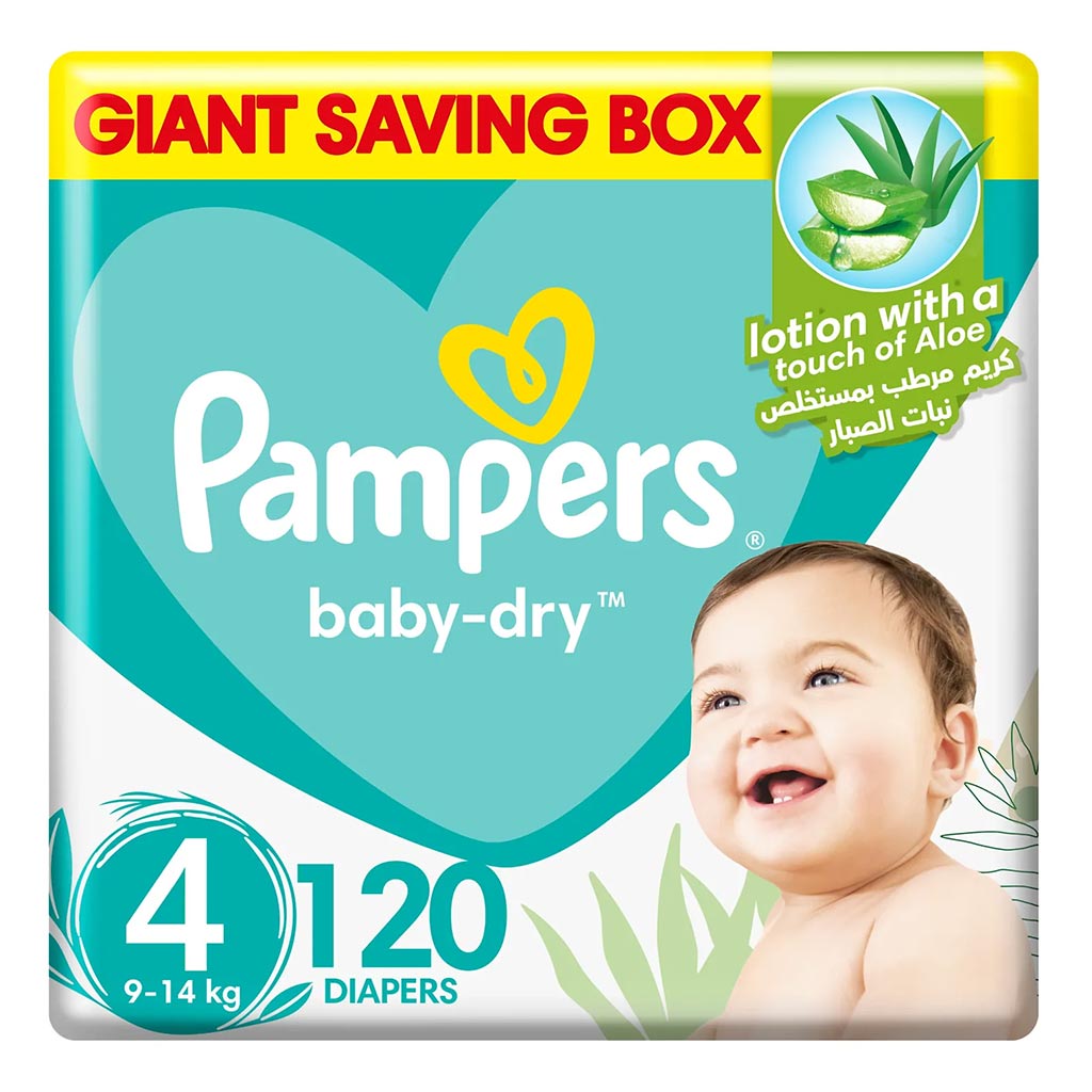 Pampers Baby-Dry Baby Diapers With Aloe Vera, Size 4, 9-14Kg, Pack of 120's - Easy Pharmacy LLC