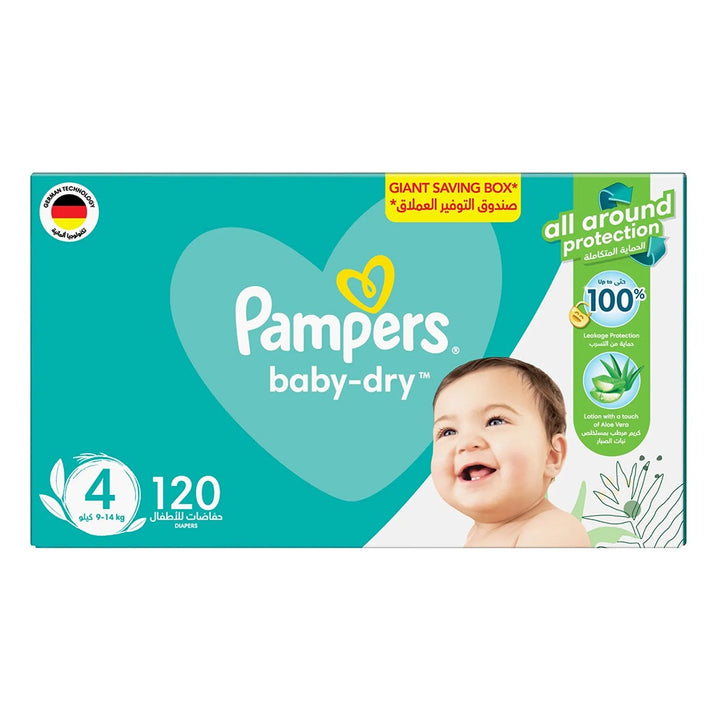 Pampers Baby-Dry Baby Diapers With Aloe Vera, Size 4, 9-14Kg, Pack of 120's - Easy Pharmacy LLC