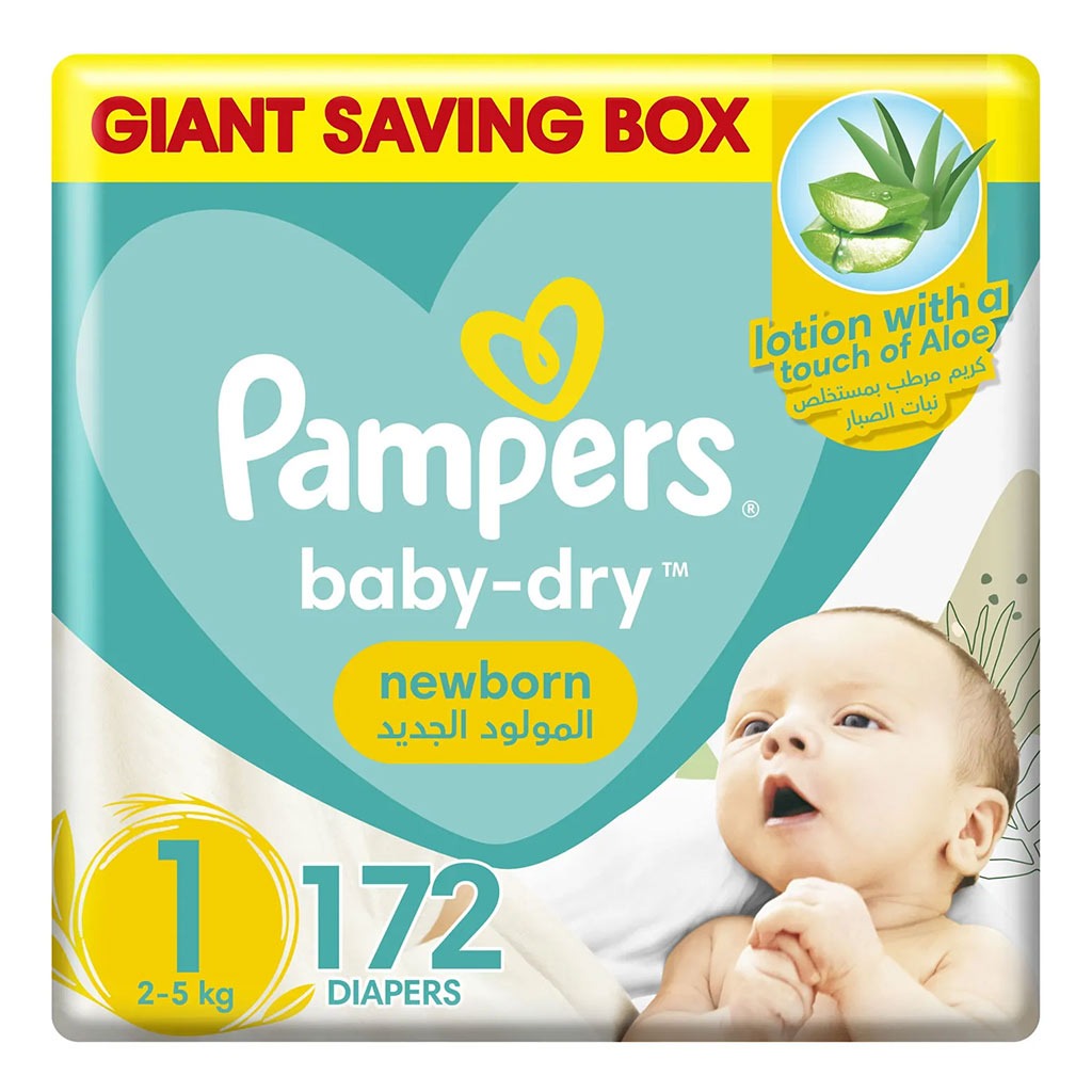 Pampers Baby-Dry Newborn Diapers With Aloe Vera, Size 1, 2-5Kg, Pack of 172's - Easy Pharmacy LLC