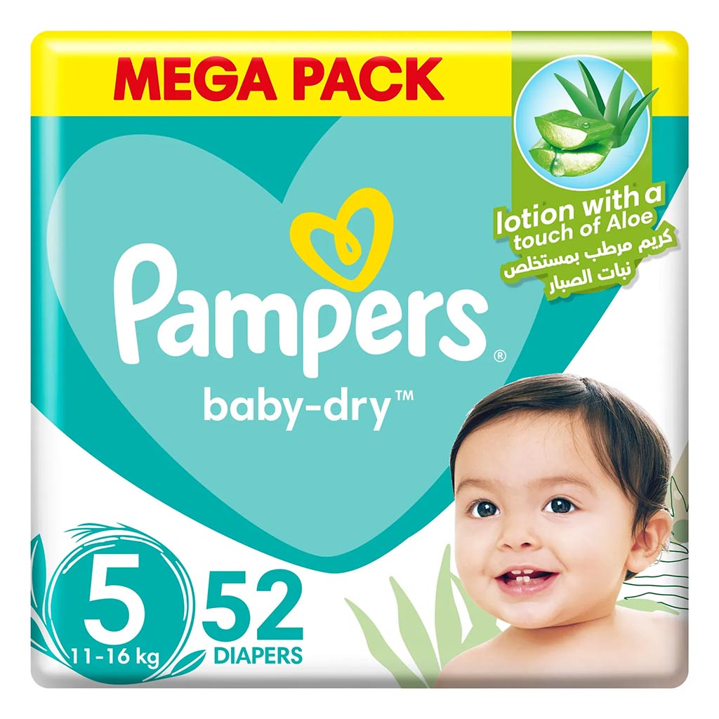 Pampers Baby-Dry Baby Diapers With Aloe Vera, Size 5, 11-16Kg, Pack of 52's - Easy Pharmacy LLC
