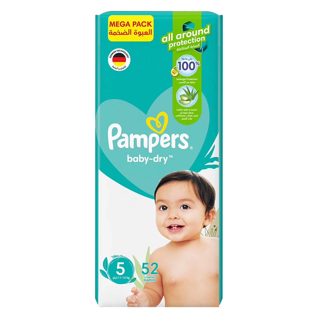 Pampers Baby-Dry Baby Diapers With Aloe Vera, Size 5, 11-16Kg, Pack of 52's - Easy Pharmacy LLC