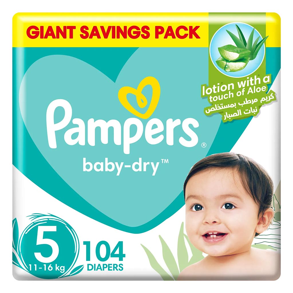 Pampers Baby-Dry Baby Diapers With Aloe Vera, Size 5, 11-16Kg, Pack of 104's - Easy Pharmacy LLC