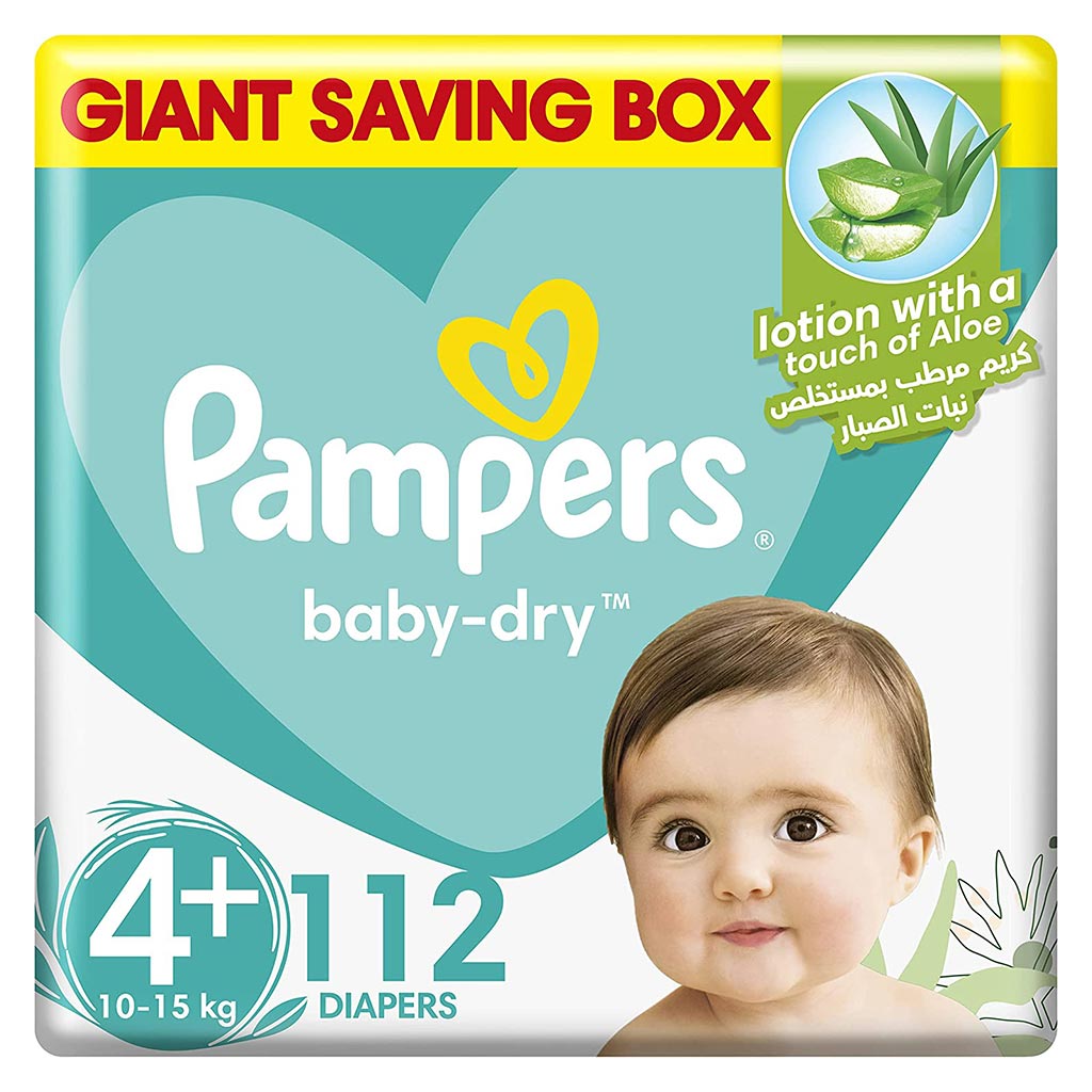 Pampers Baby-Dry Baby Diapers With Aloe Vera, Size 4+, 10-15Kg, Pack of 112's - Easy Pharmacy LLC