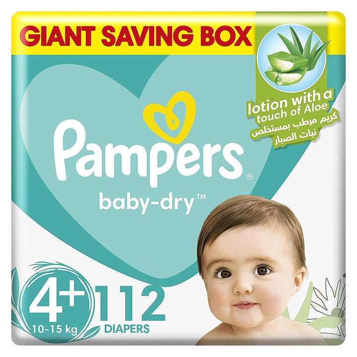 Pampers Baby-Dry Baby Diapers With Aloe Vera, Size 4+, 10-15Kg, Pack of 112's - Easy Pharmacy LLC