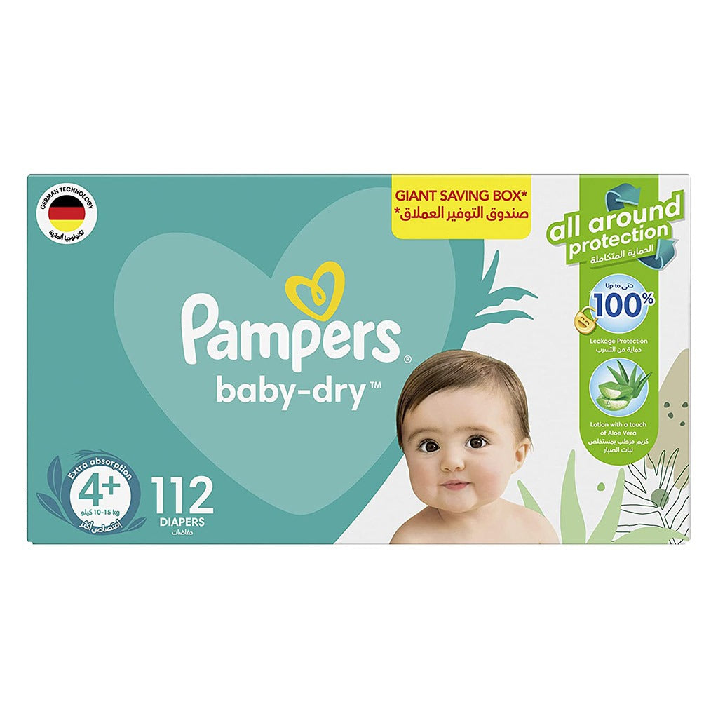 Pampers Baby-Dry Baby Diapers With Aloe Vera, Size 4+, 10-15Kg, Pack of 112's - Easy Pharmacy LLC