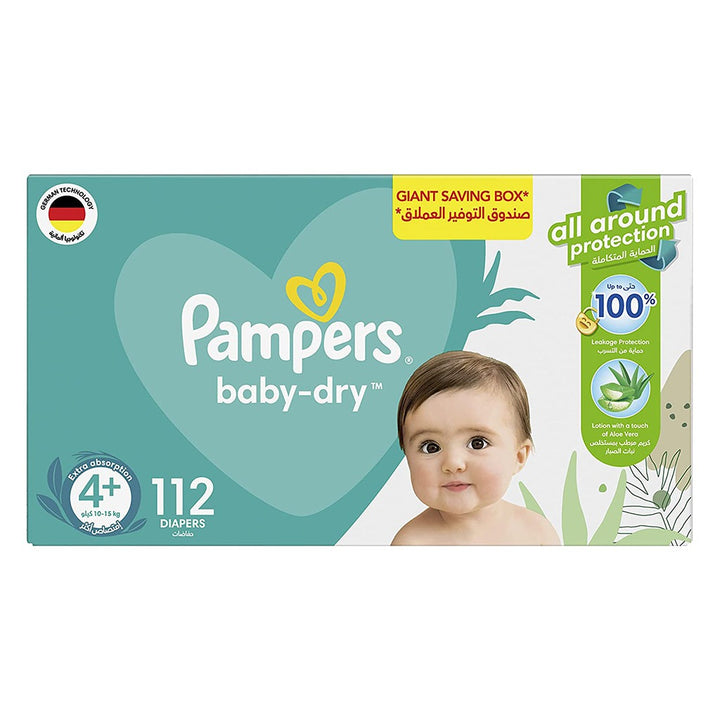 Pampers Baby-Dry Baby Diapers With Aloe Vera, Size 4+, 10-15Kg, Pack of 112's - Easy Pharmacy LLC