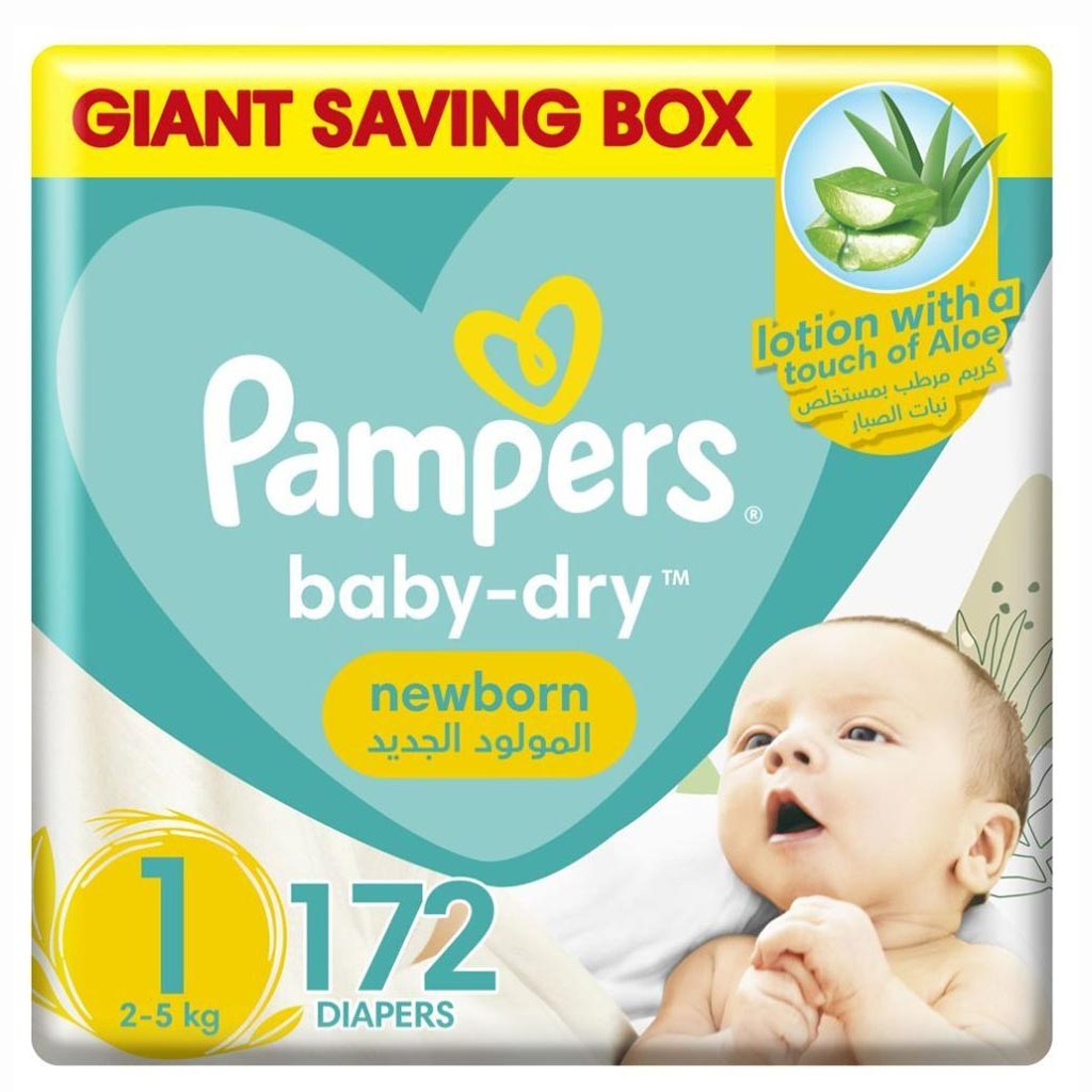 Pampers Baby-Dry Newborn Diapers With Aloe Vera, Size 1, 2-5kg, Giant Saving Pack of 172's - Easy Pharmacy LLC