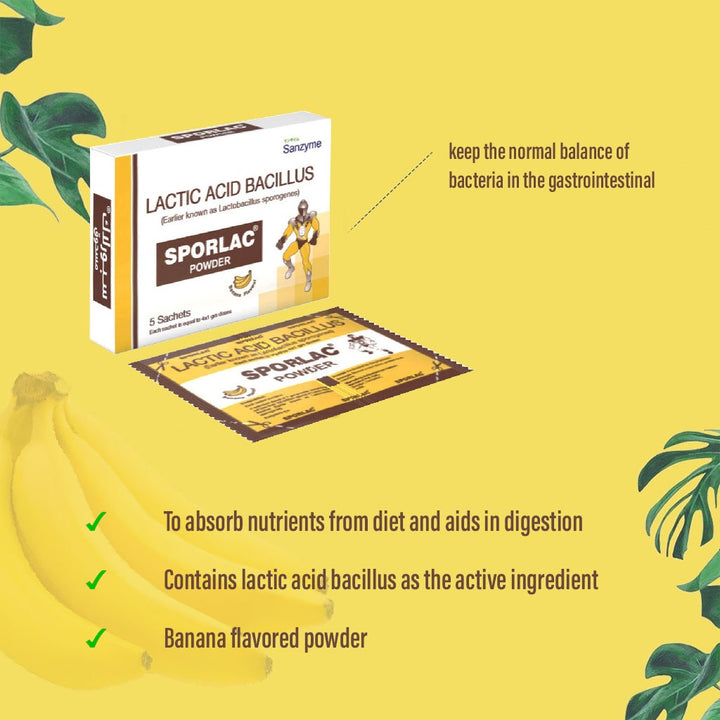 Sporlac 50mg Probiotic Banana Flavoured Oral Powder Sachet 1g, Pack of 5's - Easy Pharmacy LLC