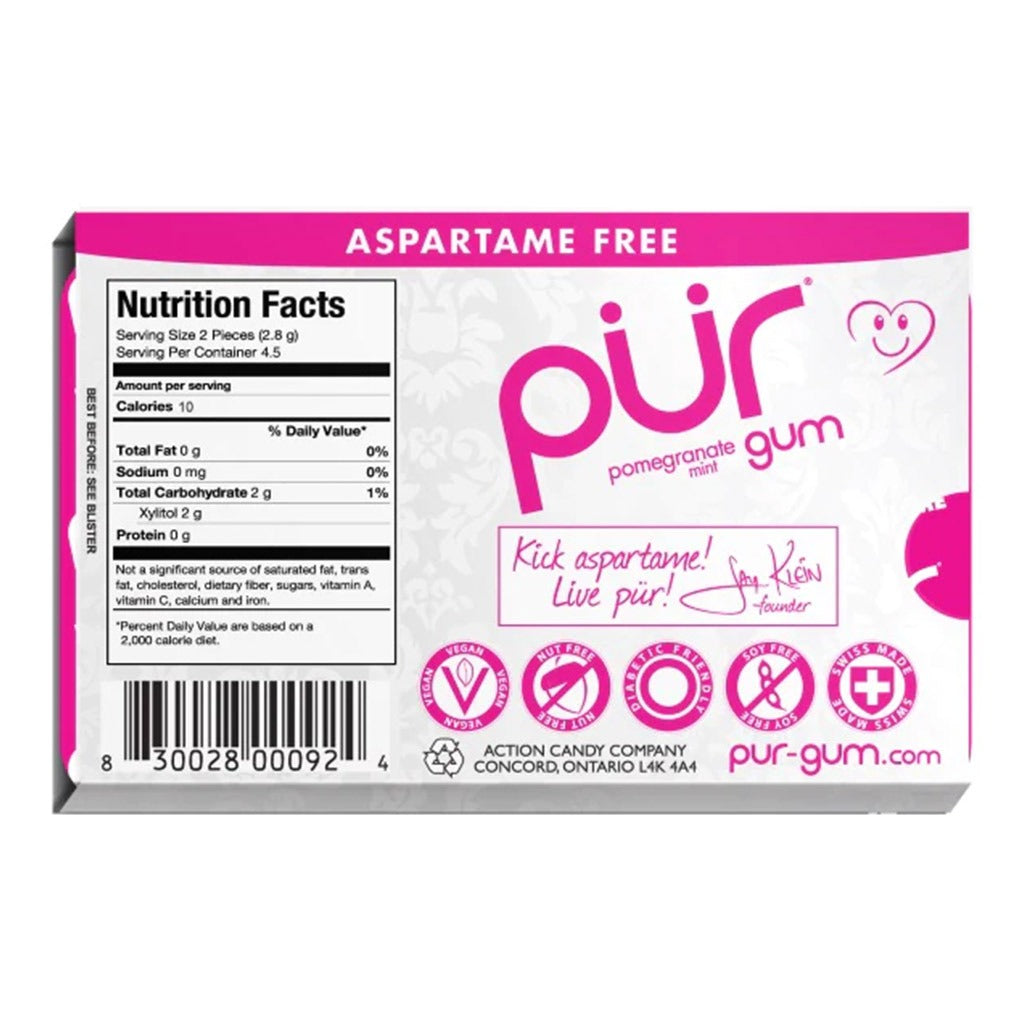 Pur Aspartame & Sugar Free Pomegranate Chewing Gum With Xylitol 9 Pieces - Easy Pharmacy LLC