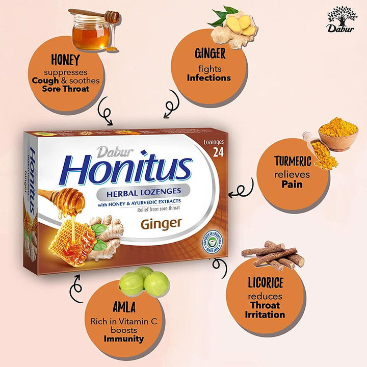 Dabur Honitus Herbal Lozenges Ginger With Honey & Ayurvedic Extracts, Pack of 24's - Easy Pharmacy LLC
