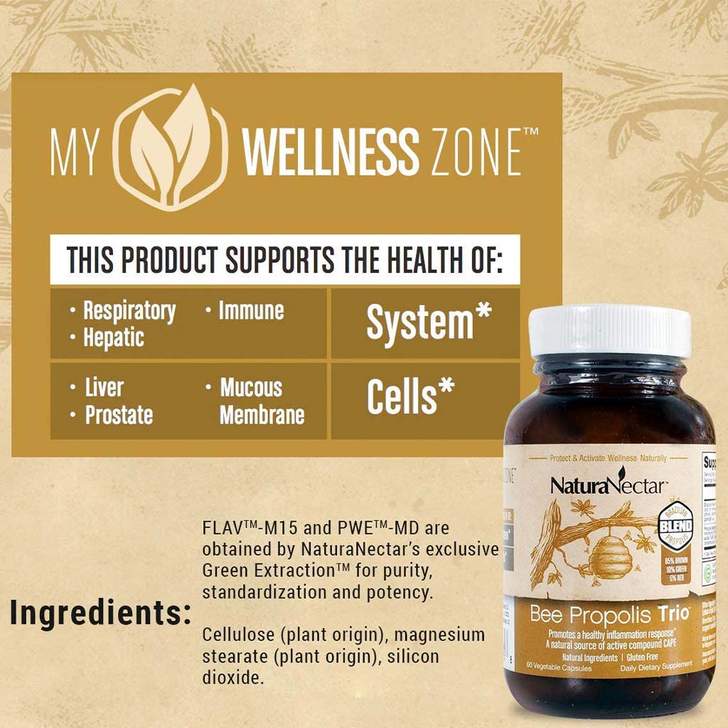 NaturaNectar Bee Propolis Trio Vegetable Capsule For Immune & Inflammation Support, Pack of 60's - Easy Pharmacy LLC