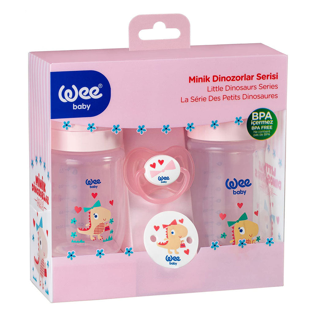 Wee Baby Little Dinosaur Printed Baby Feeding Bottles With Soother Starter Gift Set Pink - Easy Pharmacy LLC