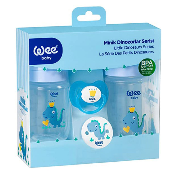 Wee Baby Little Dinosaur Printed Baby Feeding Bottles With Soother Starter Gift Set Blue - Easy Pharmacy LLC
