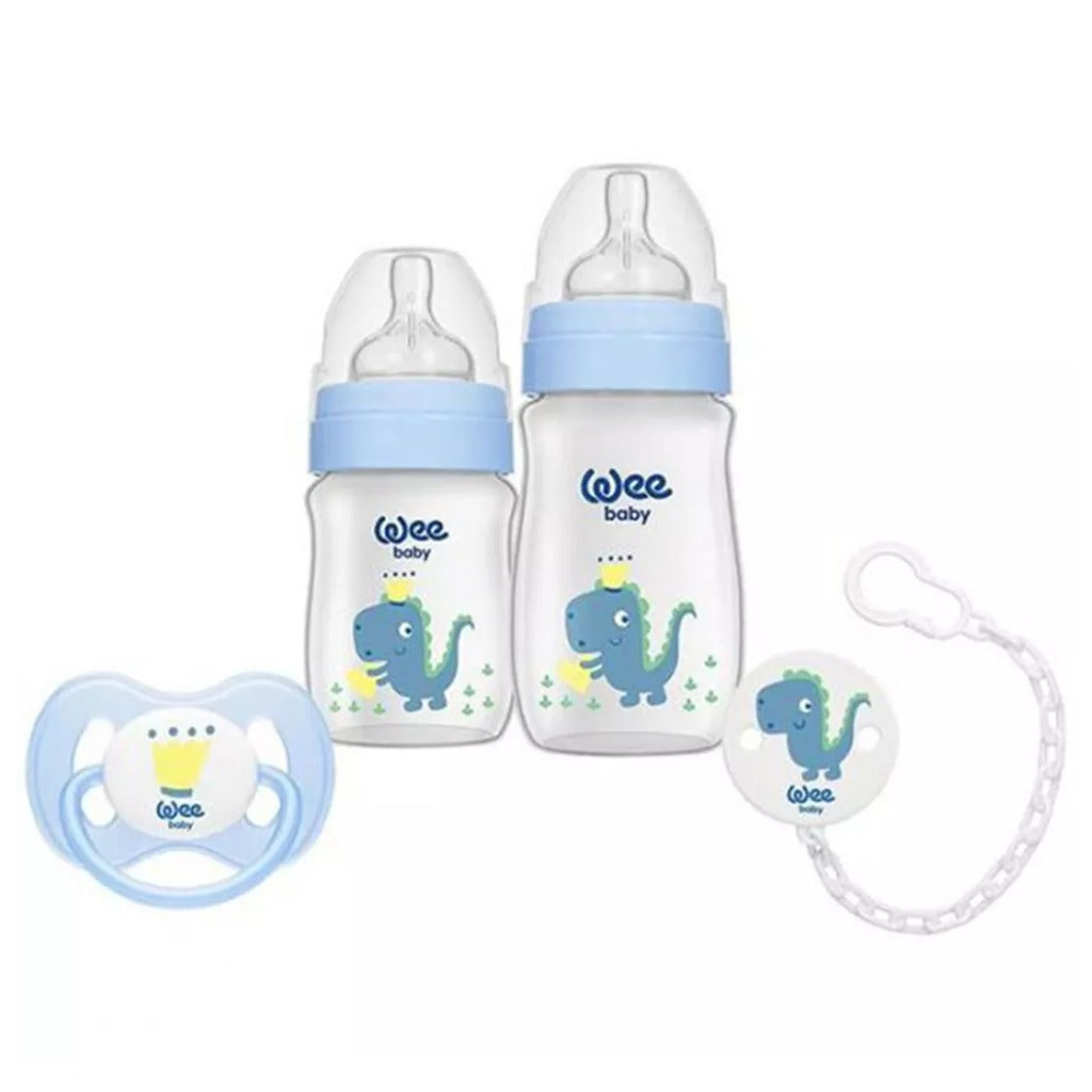 Wee Baby Little Dinosaur Printed Baby Feeding Bottles With Soother Starter Gift Set Blue - Easy Pharmacy LLC