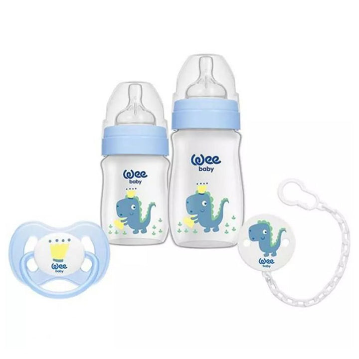 Wee Baby Little Dinosaur Printed Baby Feeding Bottles With Soother Starter Gift Set Blue - Easy Pharmacy LLC