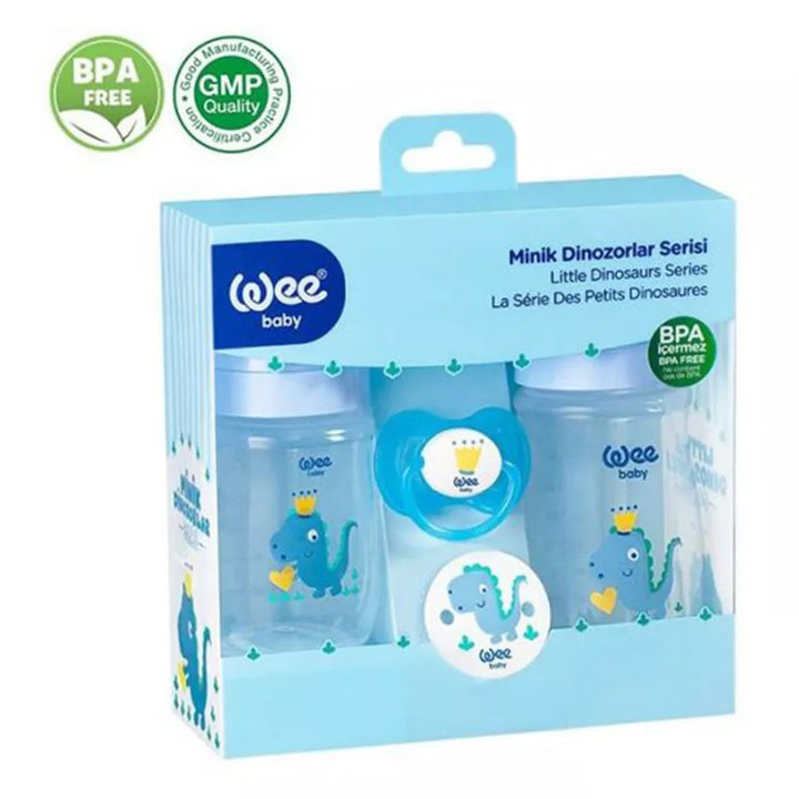 Wee Baby Little Dinosaur Printed Baby Feeding Bottles With Soother Starter Gift Set Blue - Easy Pharmacy LLC