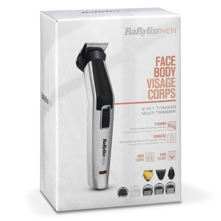 Babyliss 8 in 1 Titanium Cordless Multi Grooming Men’s Trimmer For Face & Body, Silver - Easy Pharmacy LLC