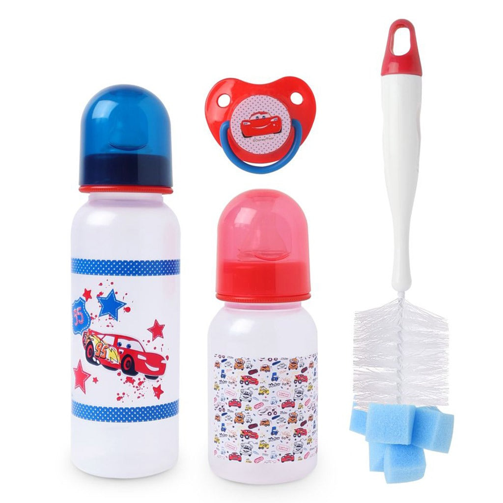 Disney Cars Lightning McQueen Feeding Combo Gift Set For Baby With Feeding Bottle, Soother & Bottle Brush - Pack of 4 Pieces TRHA1725 - Easy Pharmacy LLC