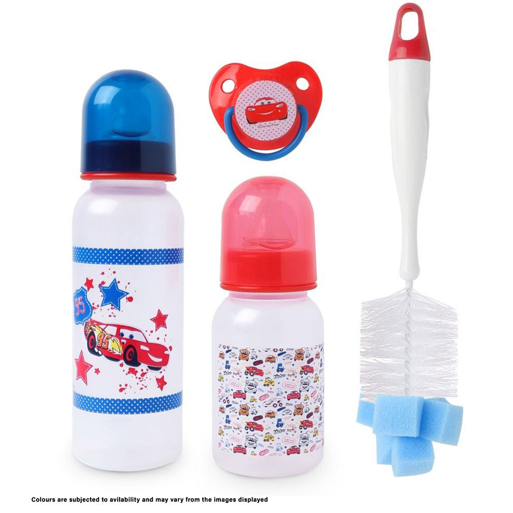 Disney Cars Lightning McQueen Feeding Combo Gift Set For Baby With Feeding Bottle, Soother & Bottle Brush - Pack of 4 Pieces TRHA1725 - Easy Pharmacy LLC