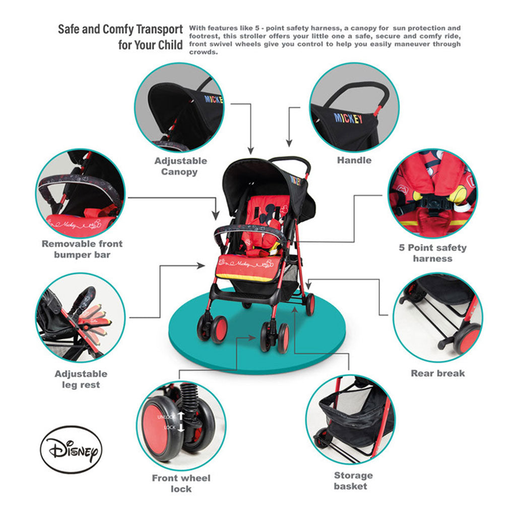 Disney Mickey Mouse Lightweight Picnic Stroller With Storage Cabin For 0 - 36 Months Baby - D1 Mickey - Easy Pharmacy LLC