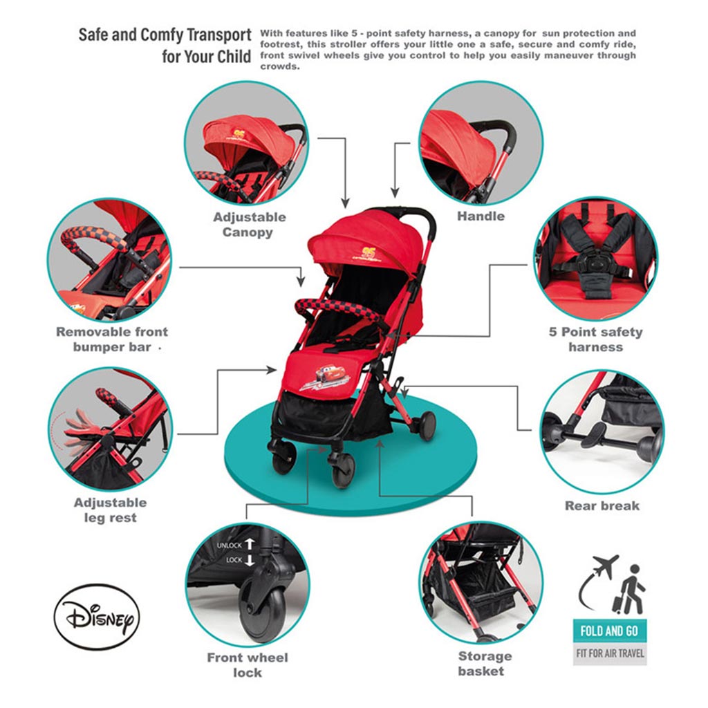Disney Cars Lightning McQueen Light Weight Travel Stroller For 0 - 36 Months Baby - S101 Cars - Easy Pharmacy LLC