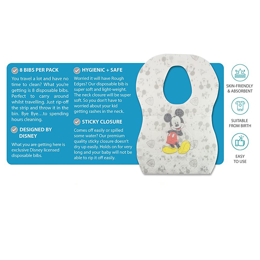 Disney Mickey Mouse Leak Proof Disposable Baby Bibs Assorted, Pack of 8's - Easy Pharmacy LLC