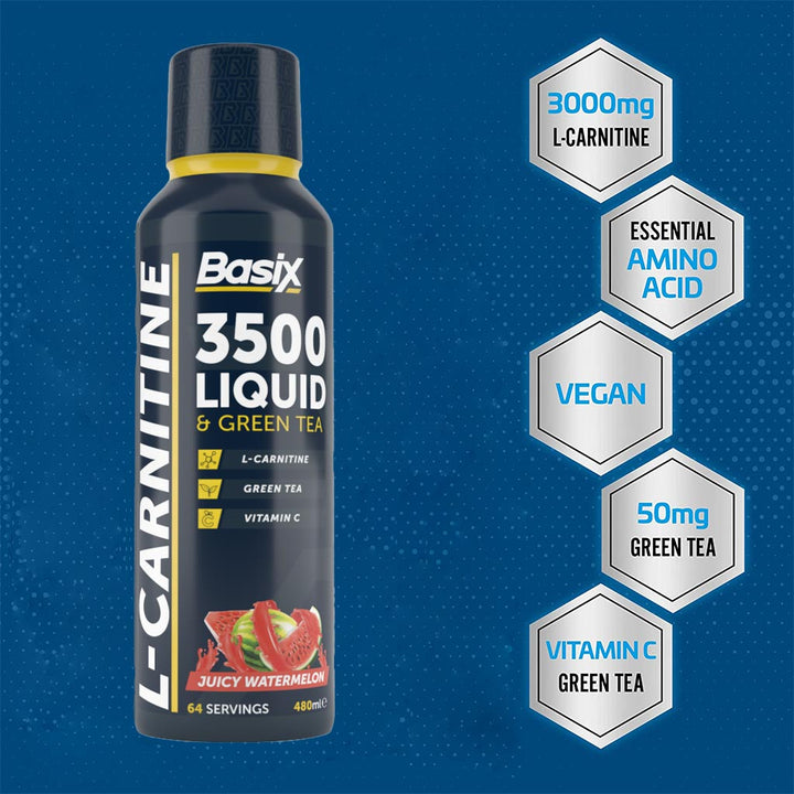 Basix L-Carnitine 3500 & Green Tea Liquid Watermelon For Endurance, Juicy Watermelon 480ml - Easy Pharmacy LLC