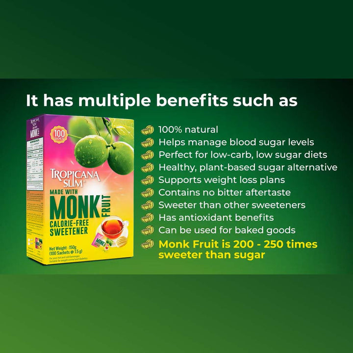 Tropicana Slim Monk Fruit Calorie Free Sweetener Sachets, Pack of 100's - Easy Pharmacy LLC