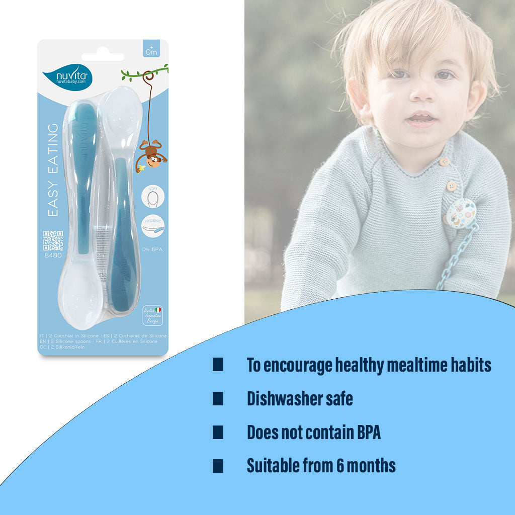 Nuvita Easy Eating Silicone Spoon Set Blue For 6+Months, Pack of 2's - Easy Pharmacy LLC