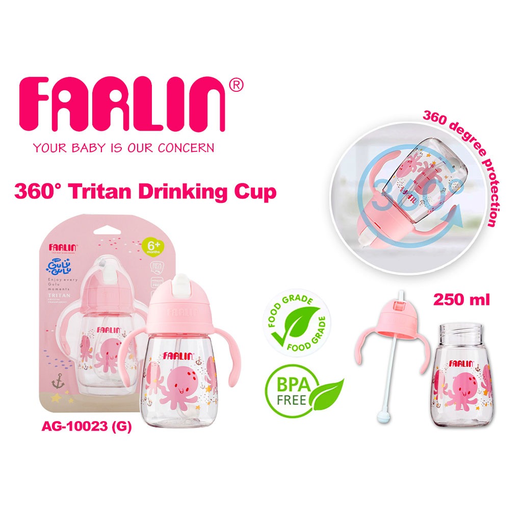 Farlin 360° Tritan 250ml Drinking Straw Cup For 6 Months+ Baby Pink, Pack of 1's - Easy Pharmacy LLC