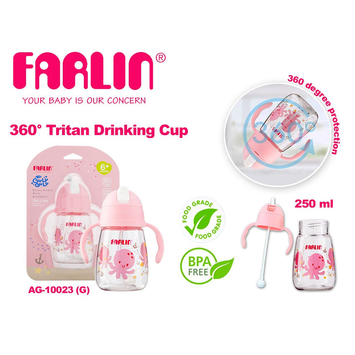 Farlin 360° Tritan 250ml Drinking Straw Cup For 6 Months+ Baby Pink, Pack of 1's - Easy Pharmacy LLC