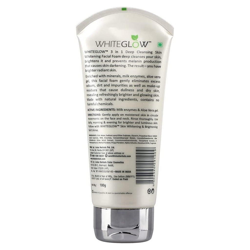 Lotus Herbals Whiteglow 3 In 1 Deep Cleansing Skin Whitening Facial Foam 100g - Easy Pharmacy LLC