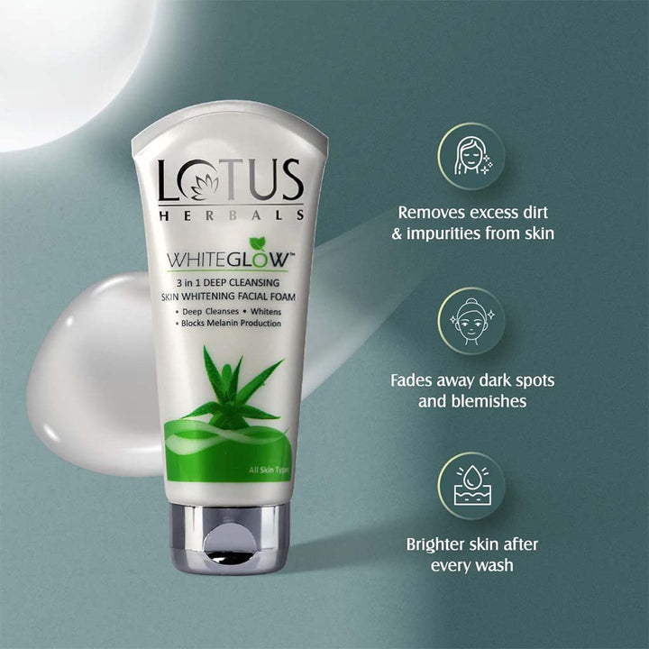 Lotus Herbals Whiteglow 3 In 1 Deep Cleansing Skin Whitening Facial Foam 100g - Easy Pharmacy LLC