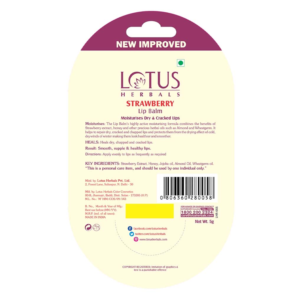 Lotus Herbals Strawberry Lip Balm For Dry And Cracked Lips 5g - Easy Pharmacy LLC