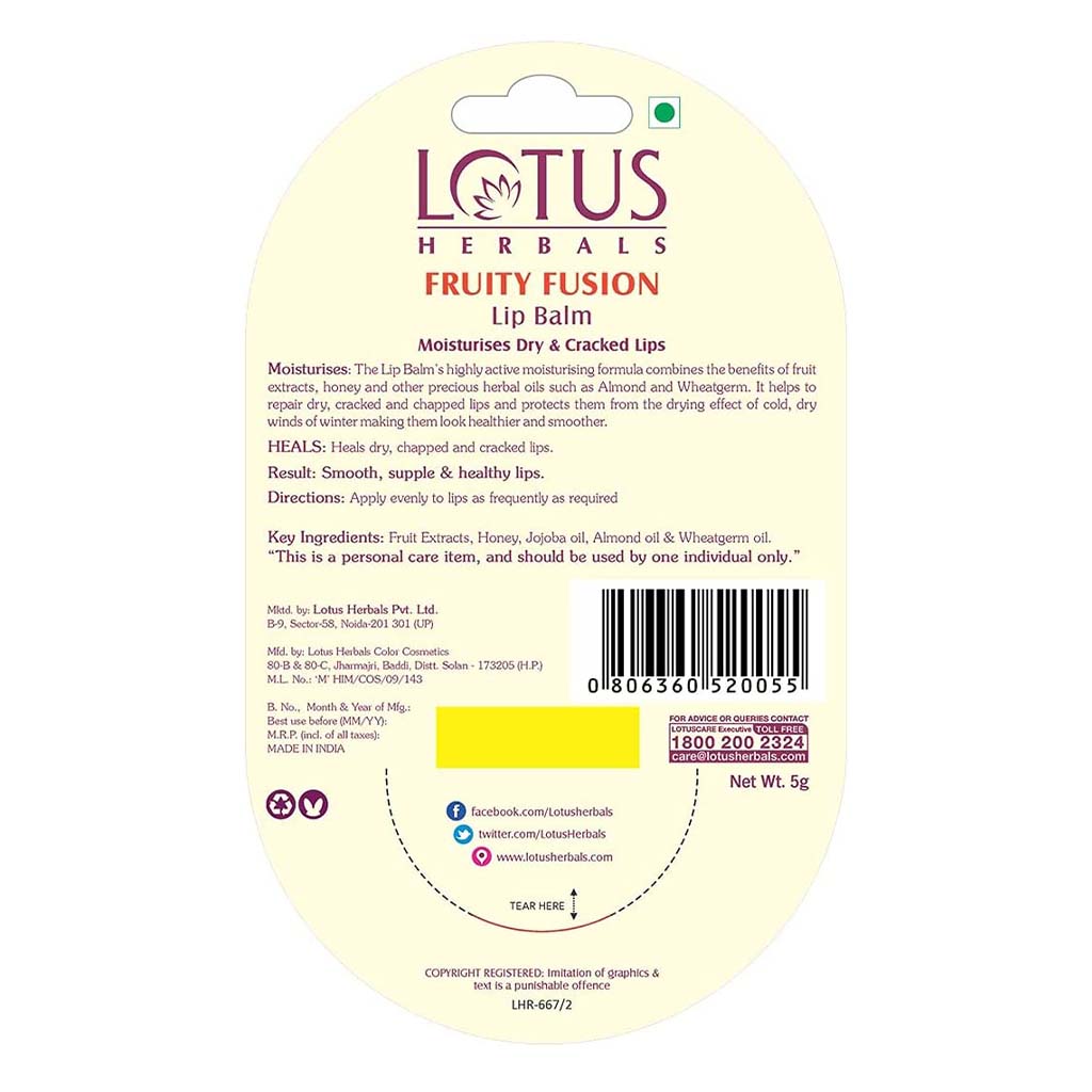Lotus Herbals Fruity Fusion Lip Balm For Dry And Cracked Lips, 5g - Easy Pharmacy LLC