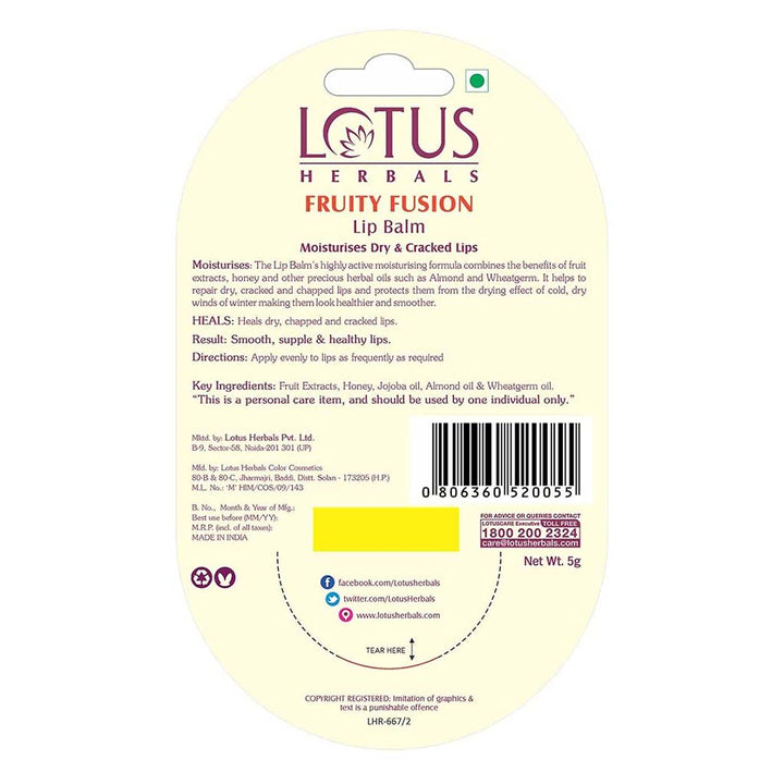 Lotus Herbals Fruity Fusion Lip Balm For Dry And Cracked Lips, 5g - Easy Pharmacy LLC