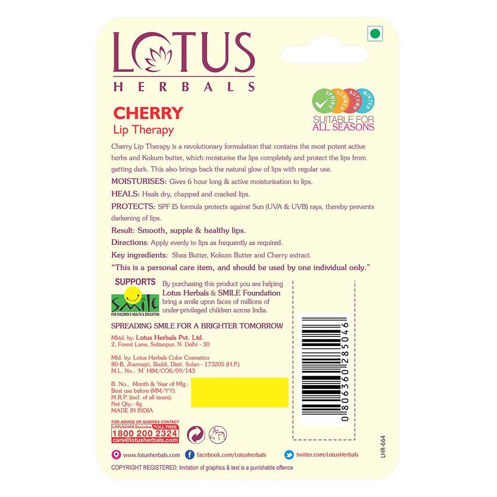 Lotus Herbals Tinted Lip Therapy SPF15 Cherry 4g - Easy Pharmacy LLC