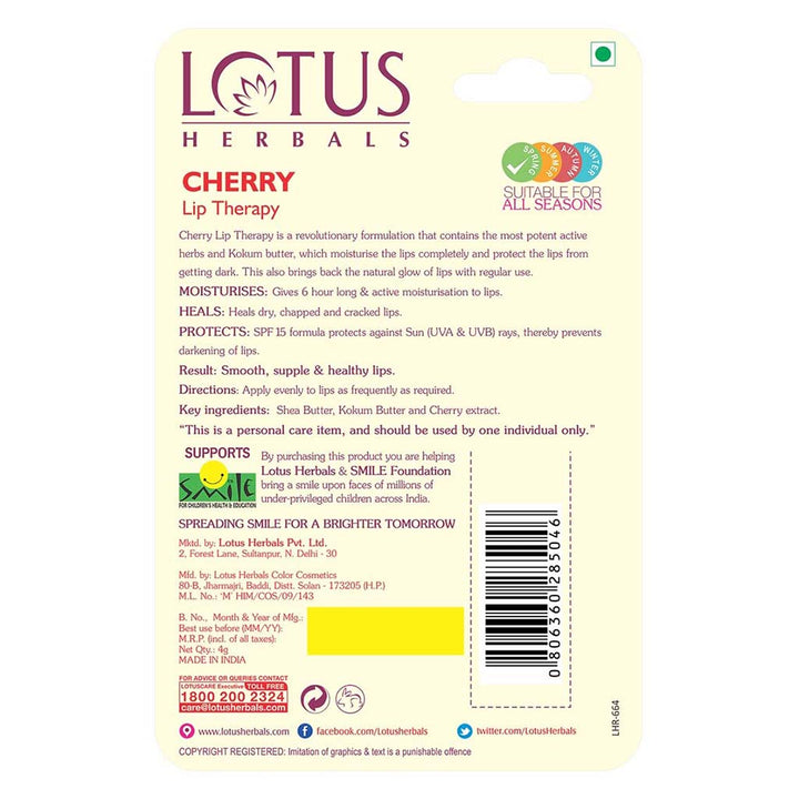 Lotus Herbals Tinted Lip Therapy SPF15 Cherry 4g - Easy Pharmacy LLC