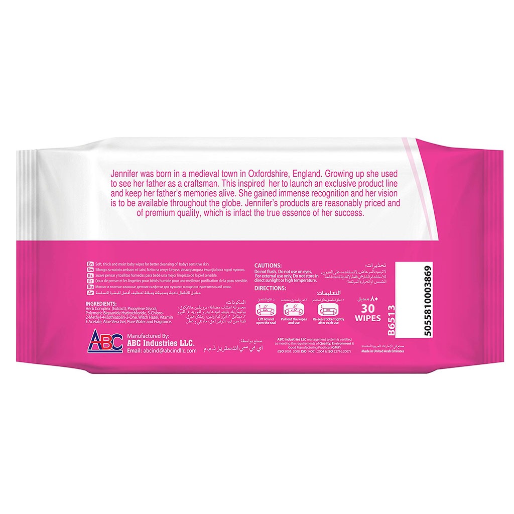 Jennifer's Alcohol Free Baby Wipes For Sensitive Skin With Aloevera & Vitamin E 30's, Pack of 3's - Easy Pharmacy LLC