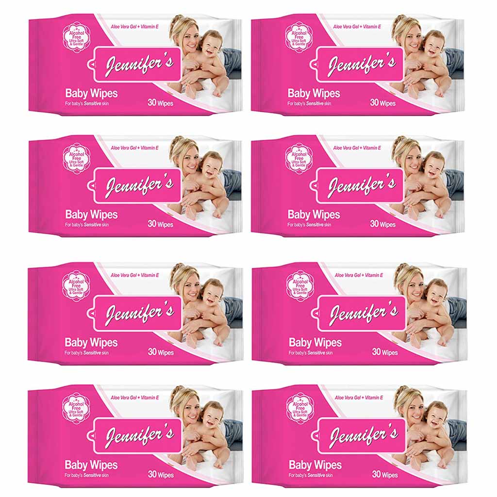 Jennifer's Alcohol Free Baby Wipes For Sensitive Skin With Aloevera & Vitamin E 30's, Pack of 8's - Easy Pharmacy LLC