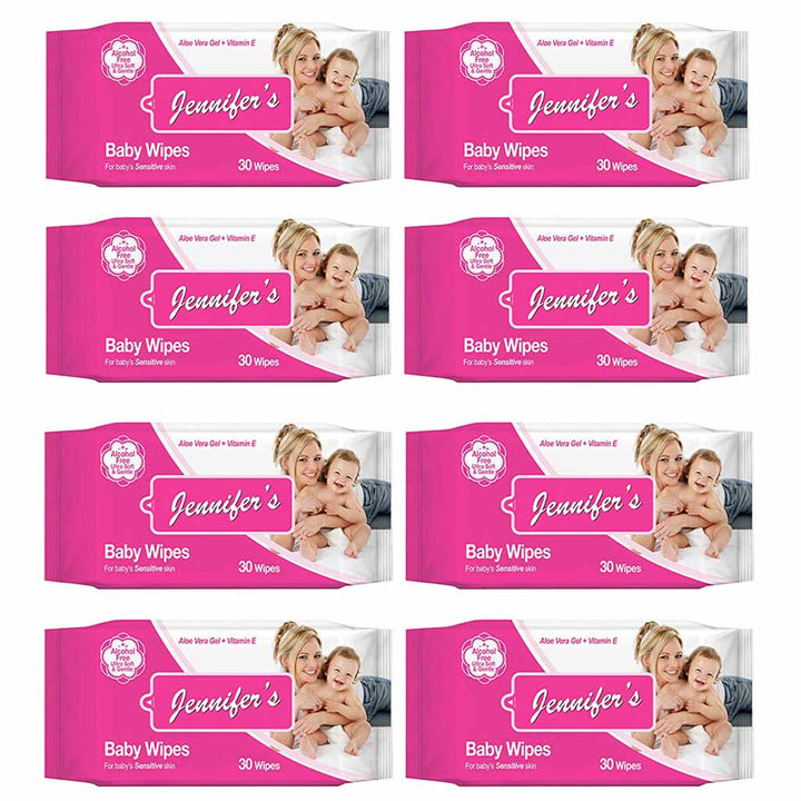 Jennifer's Alcohol Free Baby Wipes For Sensitive Skin With Aloevera & Vitamin E 30's, Pack of 8's - Easy Pharmacy LLC