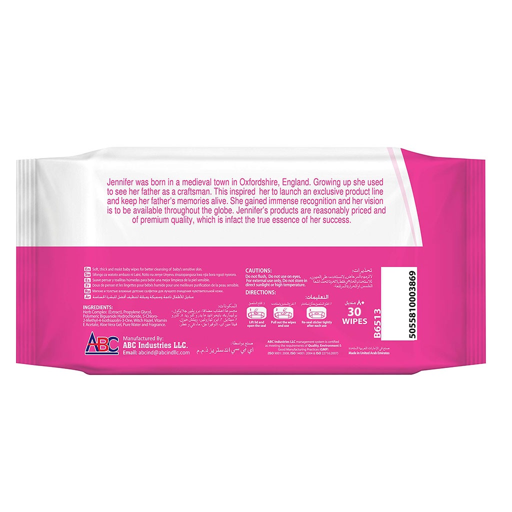 Jennifer's Alcohol Free Baby Wipes For Sensitive Skin With Aloevera & Vitamin E 30's, Pack of 8's - Easy Pharmacy LLC