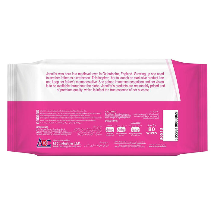 Jennifer's Alcohol Free Baby Wipes For Sensitive Skin With Aloevera & Vitamin E, Pack of 80's - Easy Pharmacy LLC
