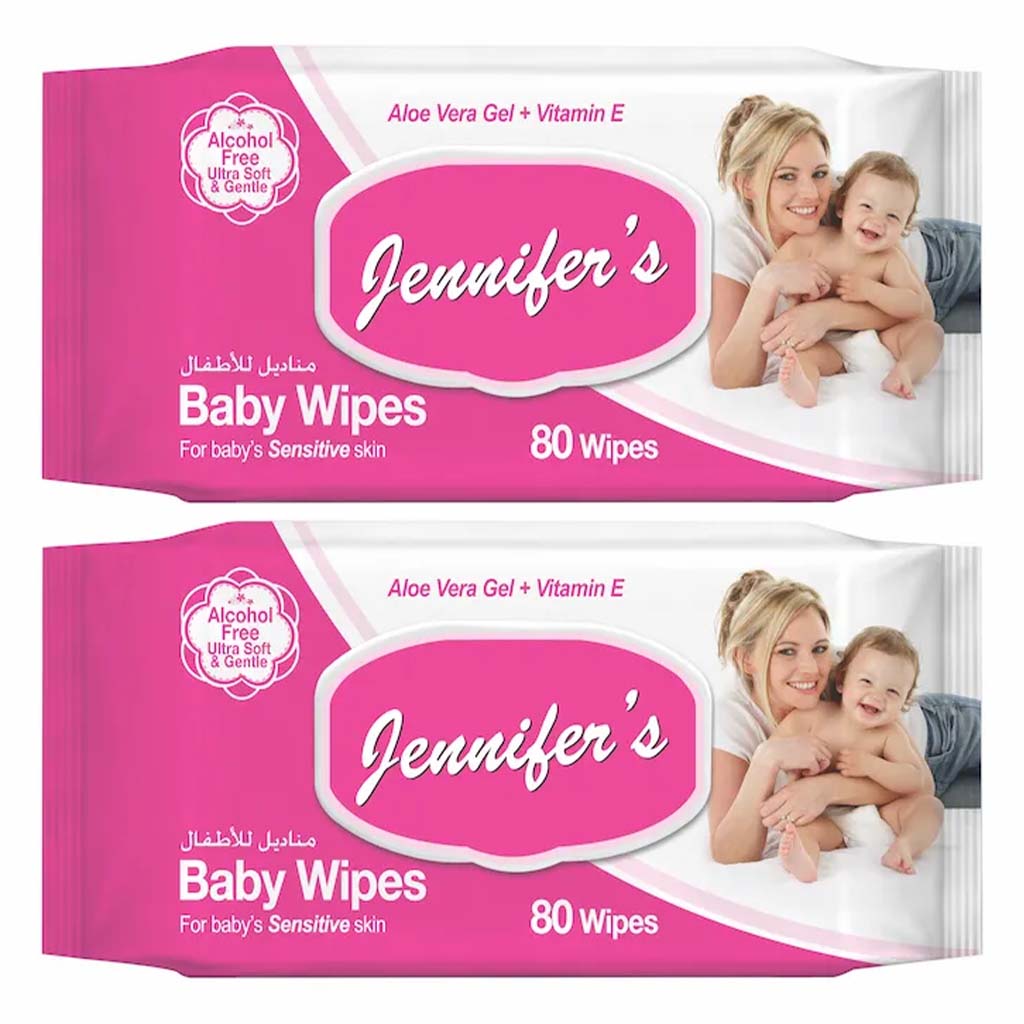 Jennifer's Alcohol Free Baby Wipes For Sensitive Skin With Aloevera & Vitamin E 80's, Pack of 2's - Easy Pharmacy LLC