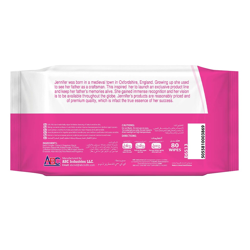 Jennifer's Alcohol Free Baby Wipes For Sensitive Skin With Aloevera & Vitamin E 80's, Pack of 2's - Easy Pharmacy LLC